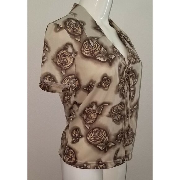 NWT California Edge Brown Floral Shirt Top Juniors Large Ties In Front Roses - Picture 7 of 8